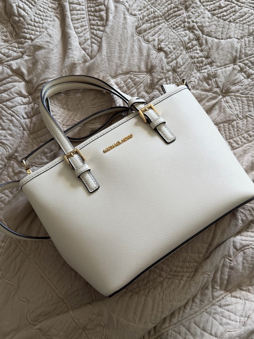 Michael Kors Cream Saffiano Leather Satchel with Gold Hardware